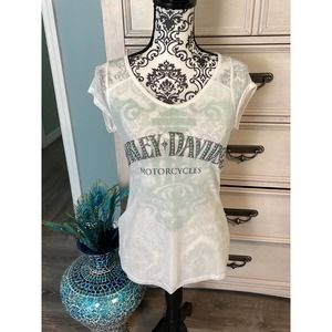 Women’s mesh Harley Davidson, white/green bling, jewel, graphic shirt, med